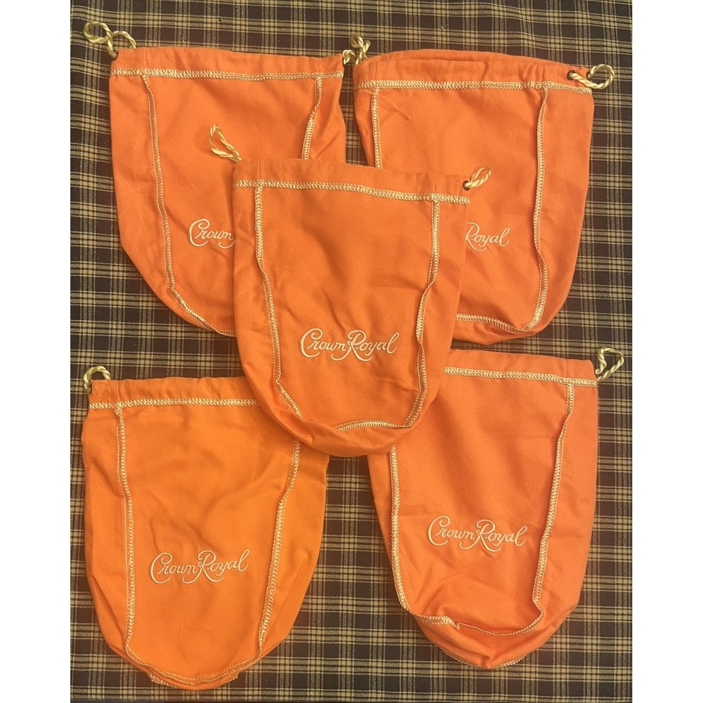 Crown Royal Orange‎ Drawstring Bags Lot Of 5 Cloth Pouch Sack Set Liquor Whiskey